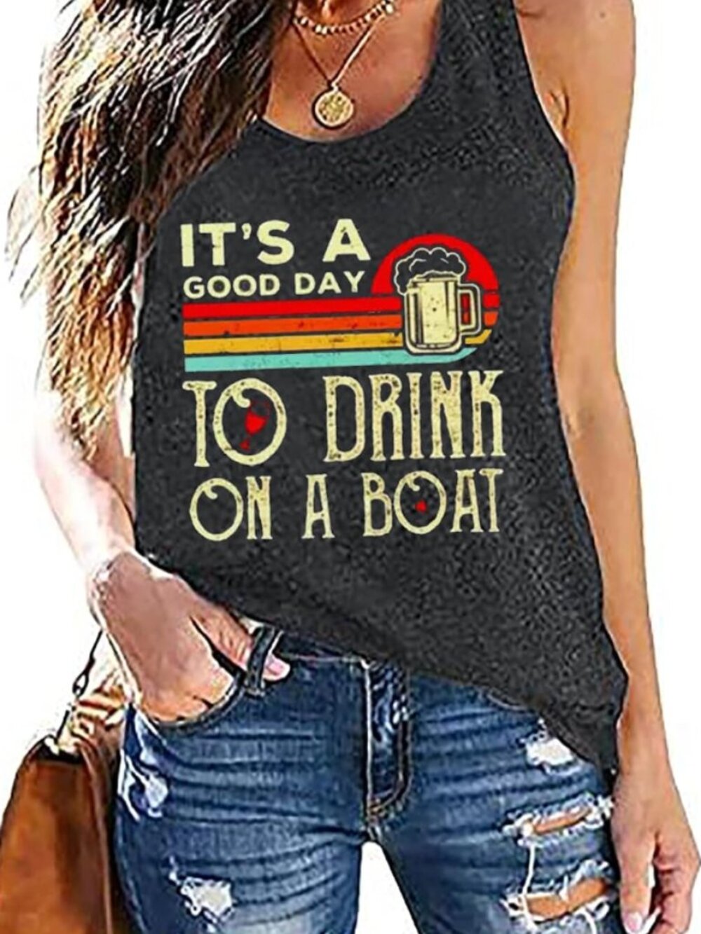Dark Charcoal Gray "It's A Good Day To Drink On A Boat" Racerback Tank Large